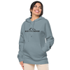 Indigo Blue Womens Hoodie with the River to Ridge Clothing Mountain Logo embroidered on the chest and cuff of sleeve. Worn by a pretty woman