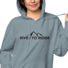 Indigo Blue Womens Hoodie with the River to Ridge Clothing Mountain Logo embroidered on the chest and cuff of sleeve.