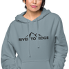 Indigo Blue Womens Hoodie with the River to Ridge Clothing Mountain Logo embroidered on the chest and cuff of sleeve.