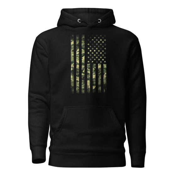 Mens Black Hoodie with Camo USA Flag from River to Ridge Apparel