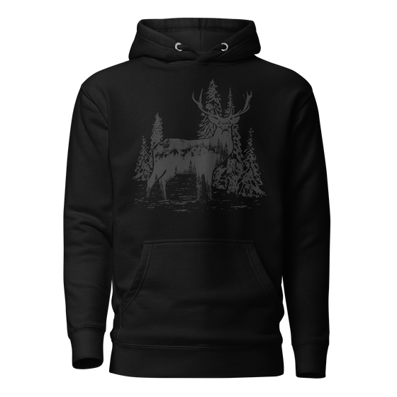 Black hoodie with charcoal print of a Stag on it, woodland logo from River to Ridge Brand