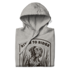 Mock up of a River to Ridge Brand Bird Dog Hunting Hoodie in grey with a Pointer dog on it