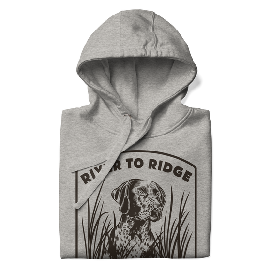 Mock up of a River to Ridge Brand Bird Dog Hunting Hoodie in grey with a Pointer dog on it