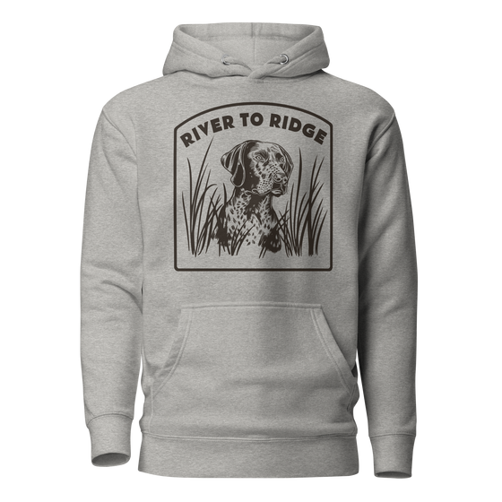 Mock up of a River to Ridge Brand Bird Dog Hunting Hoodie in grey with a Pointer dog on it