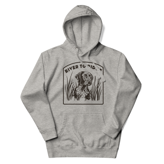 Mock up of a River to Ridge Brand Bird Dog Hunting Hoodie in grey with a Pointer dog on it