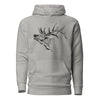 Product mockup of an Elk Logo Hoodie for women from River to ridge clothing brand with a bugling elk on it