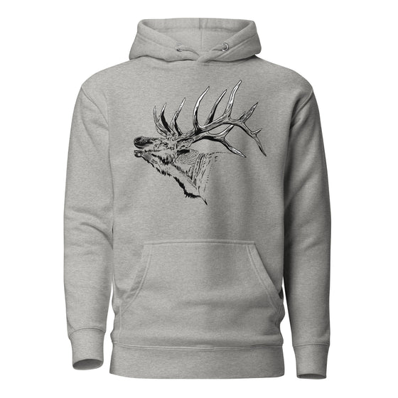 Product mockup of an Elk Logo Hoodie for women from River to ridge clothing brand with a bugling elk on it