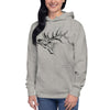 Product mockup of an Elk Logo Hoodie for women from River to ridge clothing brand with a bugling elk on it