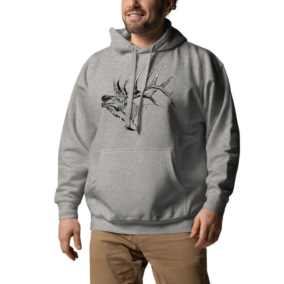 Man wearing 2XL Athletic Grey Hoodie with a Bugling Elk on it with large antlers and carhardt pants