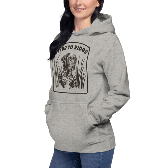 Mock up of a River to Ridge Brand Bird Dog Hunting Hoodie in grey with a Pointer dog on it