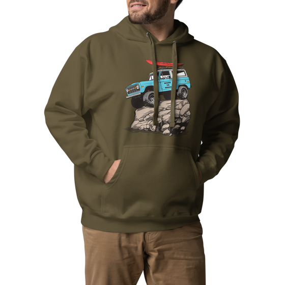 Man with a beard wearing a River to Ridge Brand olive hoodie called the Offroad Classic. Features a drawing of a vintage bronco truck in blue with a red kayak on top