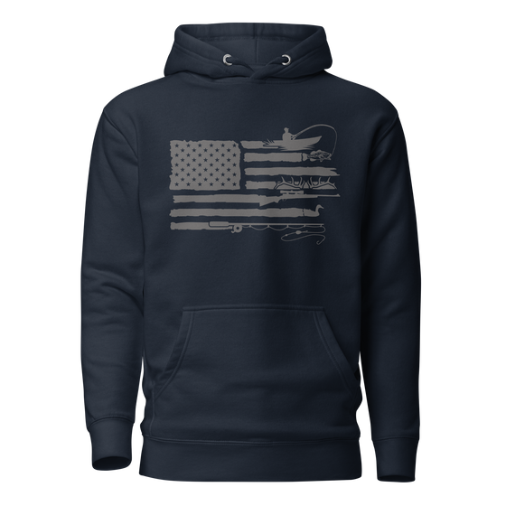 Mens Sportsmans Flag Hoodie from River to Ridge Clothing Brand, Logo is an American USA flag in grey with the stripes changed out for a man kayak fishing for bass, antlers from an elk, fly fishing pole, goose hunting