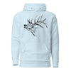 Product mockup of an Elk Logo Hoodie for women from River to ridge clothing brand with a bugling elk on it