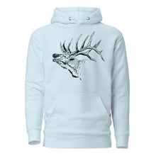  Product mockup of an Elk Logo Hoodie for women from River to ridge clothing brand with a bugling elk on it