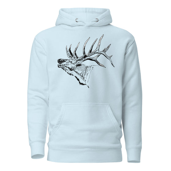 Product mockup of an Elk Logo Hoodie for women from River to ridge clothing brand with a bugling elk on it