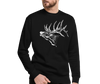 man with red hair and beard wearing a black pullover with an elk bugleing on it in white