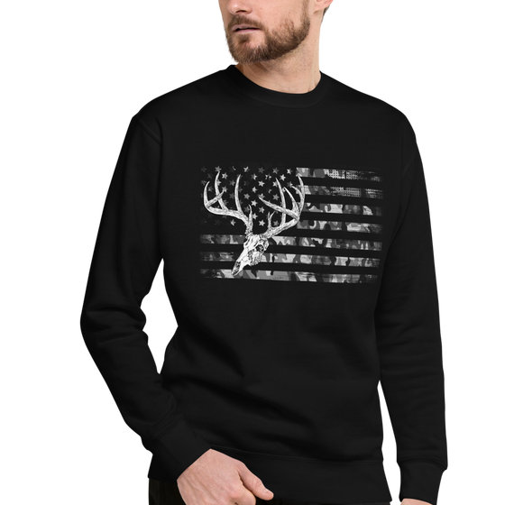 Whitetail Deer Flag pullover sweatshirt from River to Ridge Clothing brand. Features a skull and antlers of a deer over the USA flag, patriotic