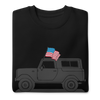 Men's pullover sweatshirt from River to Ridge Clothing Brand with a vintage bronco on it in grey and a USA American Flag out the window