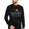 Men's pullover sweatshirt from River to Ridge Clothing Brand with a vintage bronco on it in grey and a USA American Flag out the window