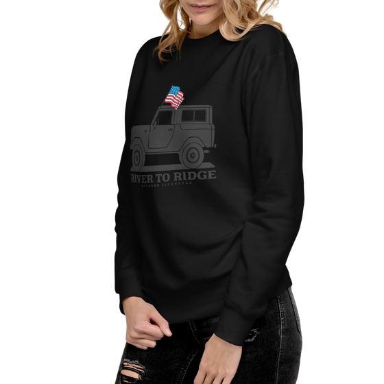 Womens Sweatshirt Pullover with a vintage bronco on it in grey with an american USA flag in color from the Brand River to Ridge Clothing