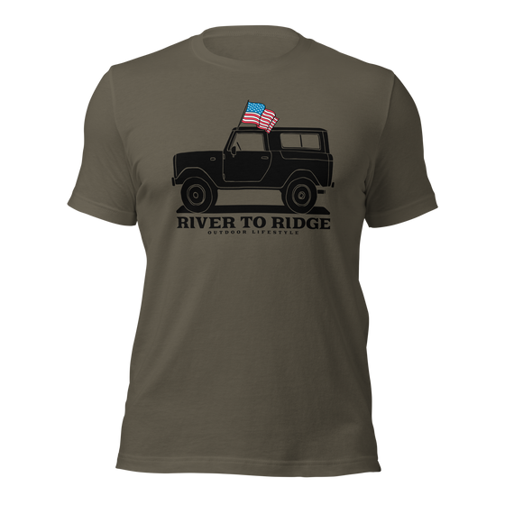 Mens River to Ridge Outdoor Lifestyle Brand T shirt in olive army green with a black bronco vintage truck on it and an american USA flag out the window.