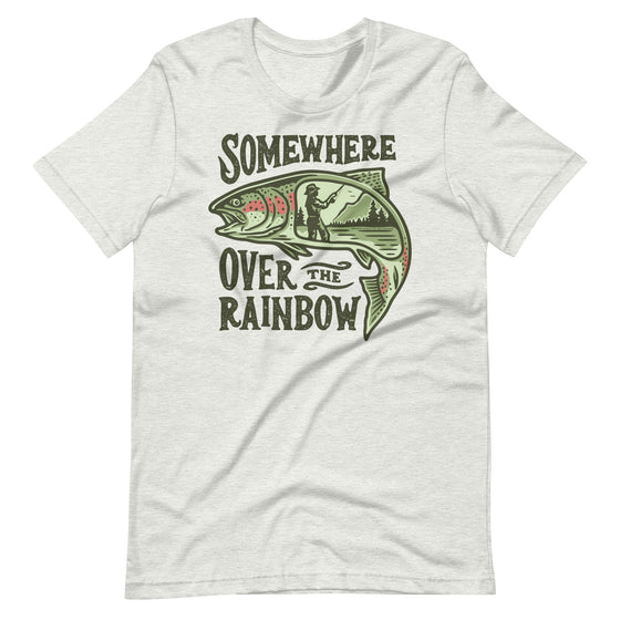 somewhere over the rainbow T shirt with a woman fishing on it from River to Ridge outdoors brand, Trout