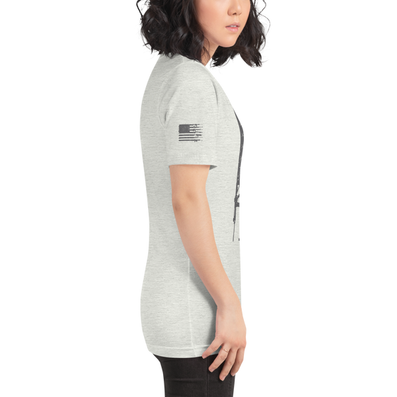 River to Ridge Womens T shirt in heather ash with the tactical logo on the chest and sleeve in gun metal grey