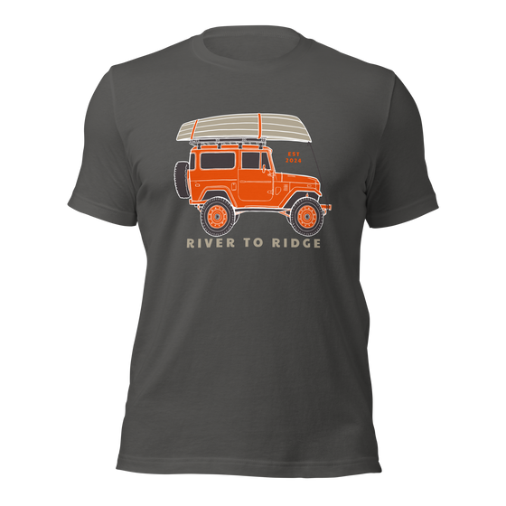 Mens weekend t shirt in grey with a jeep on it with a boat on top from the brand River to Ridge