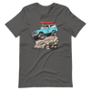 Womens offroading classic t shirt in grey from River to Ridge Clothing brand featuring a bronco truck with big tires up on a rock with a red kayak on top