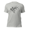 Elk Logo T shirt for men from River to Ridge Brand with a large antlered elk bugling on a grey T shirt