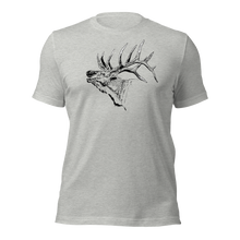  Elk Logo T shirt for men from River to Ridge Brand with a large antlered elk bugling on a grey T shirt