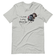  Womens T shirt with I love long beard on it and a drawing of a turkey gobbler, from River to Ridge Brand, hunting