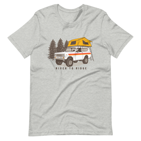 Womens offroad t from River to Ridge Clothing Brand featuring a vintage scout truck with a tent on top camping in the forest in grey