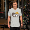 Vintage Truck Camping Logo International Scout T Shirt in grey on a man at the gym, from River to Ridge Clothing