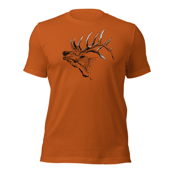 Mens Elk Logo T shirt in orange autumn and the large elk with antlers is bugling. From River to Ridge Brand