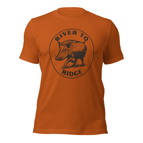 River to Ridge Clothing Brand T shirt in burnt orange with Hog Hunting Logo of a wild boar