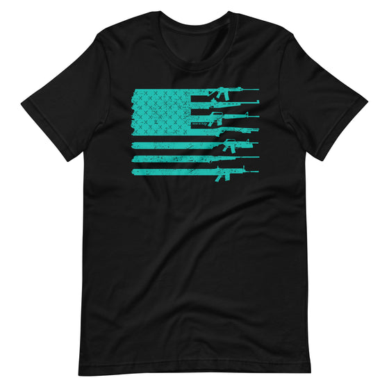 Teal Arrow Gun Flag, distressed graphic on a black t shirt for river to ridge clothing