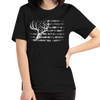 Womens Whitetail Flag T shirt from River to Ridge Clothing Brand, featuring a skull and antlers of a whitetail deer over a camo USA flag, patriotic 