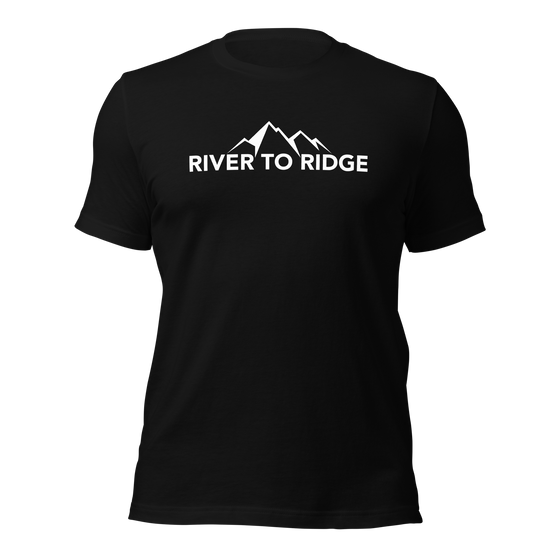 Men's River to Ridge Clothing brand Logo T shirt featuring the mountain logo in black and white