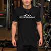 Men's River to Ridge Clothing brand Logo T shirt featuring the mountain logo in black and white - worn by a man at the gym