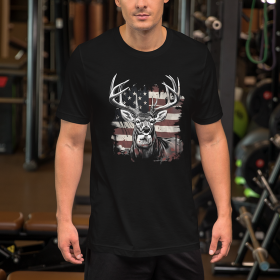 River to Ridge Clothing Brand mock up of Whitetail T shirt with USA flag in background. Black T 