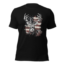  River to Ridge Clothing Brand mock up of Whitetail T shirt with USA flag in background. Black T 