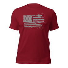  Product mockup of a River to Ridge Clothing brand Sportsmans Flag T shirt for Men, with the USA flag and a patriotic outdoor lifestyle theme in the stripes of fishing, hunting, antlers, bass, elk etc...