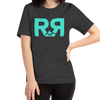 River to Ridge Logo T Shirt in teal and grey worn by a woman 