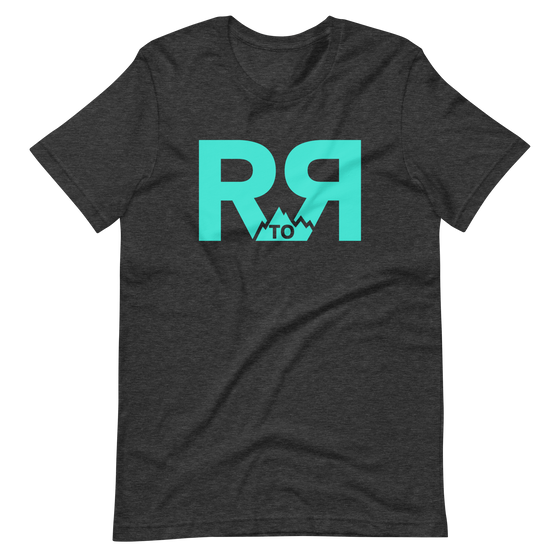 River to Ridge Clothing Brand Womens T shirt in charcoal grey and Teal with 2 R's and a mountain in between with TO on it