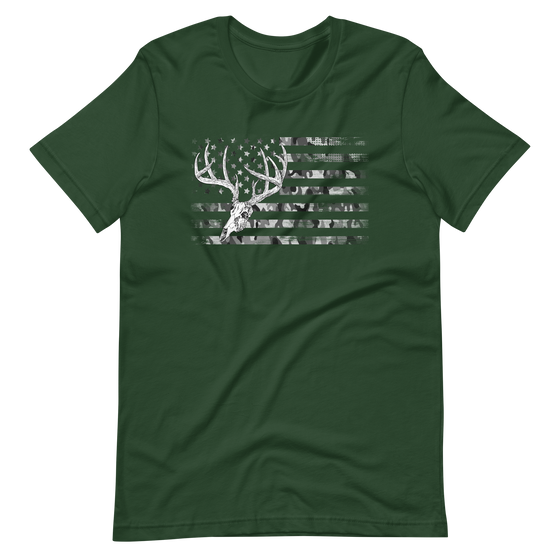 Womens Whitetail Flag T shirt from River to Ridge Clothing Brand, featuring a skull and antlers of a whitetail deer over a camo USA flag, patriotic 