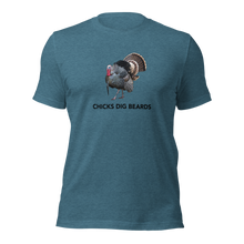  Man wearing a Chicks Dig Beards T shirt from River to Ridge Clothing Brand in teal blue