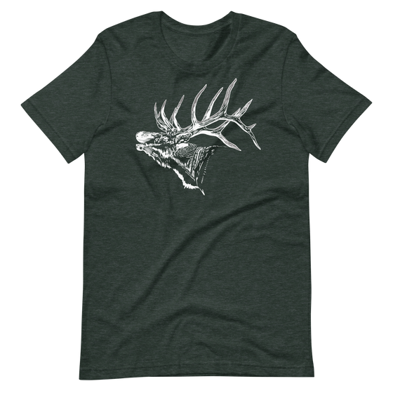 Womens elk logo T shirt with antlers in forest heather green