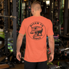 Hog Hunting T shirt from River to Ridge Clothing Brand in orange worn by a man at the gym, photo of back