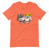 Womens orange offroad t from River to Ridge Clothing Brand featuring a vintage scout truck with a tent on top camping in the forest